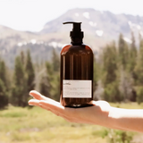 Hand holding the Among the Flowers Botanical Aloe 8oz Lotion in Driftwood, an amber pump bottle, with mountains behind