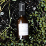 Among the Flowers Camp Mist Insect Shield amber spray bottle resting on a bed of green ground cover