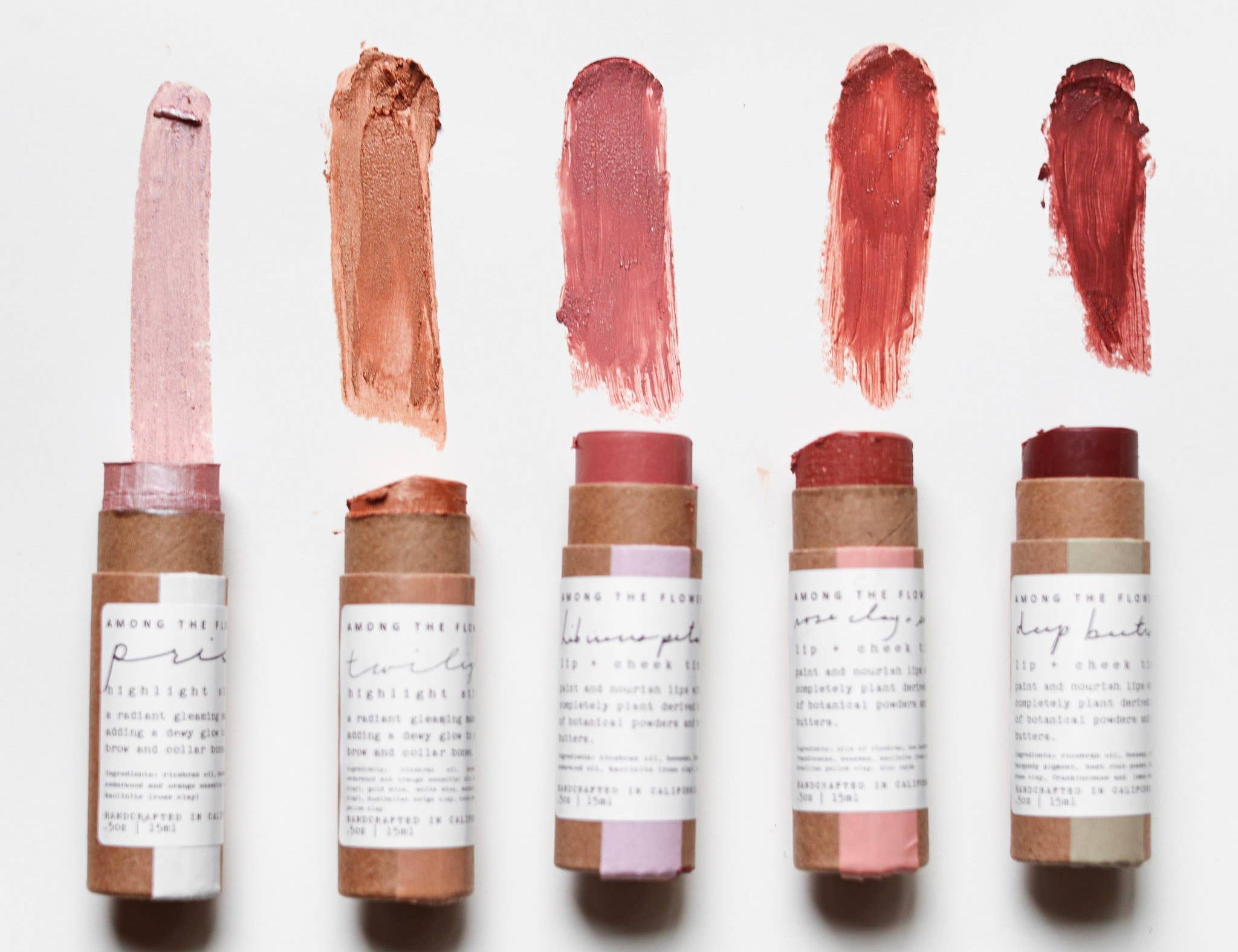Among the Flowers Lip and Cheek Tints in five shades with color swatches above each tube