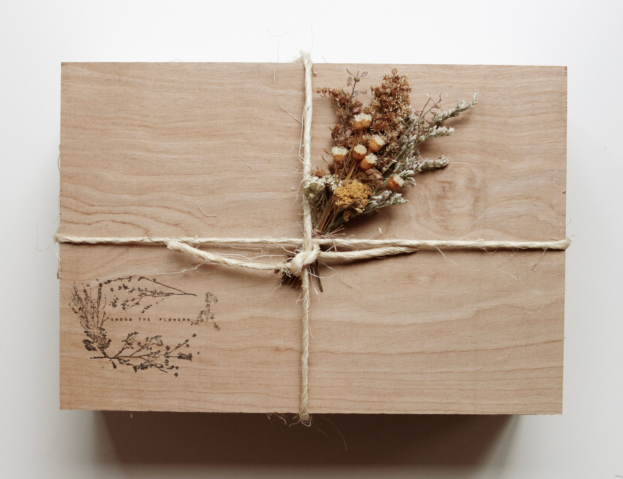 Among the Flowers New Mom + Babe Kit wooden box tied with twine and dried flowers