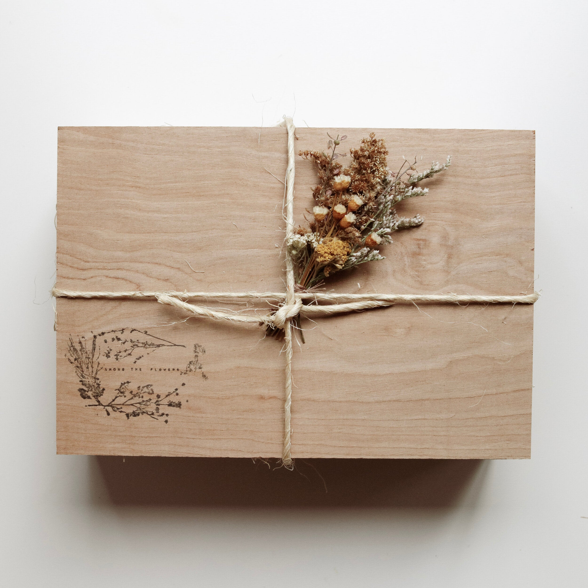 Among the Flowers New Mom + Babe Kit wooden box tied with twine and dried flowers