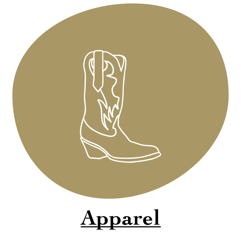 "Apparel" category name with white Cowgirl boot illustration on gold circle