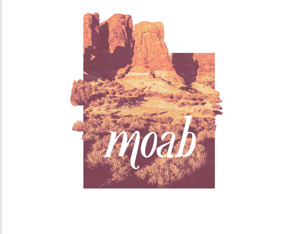 ARCH'd Moab, Utah Map Art Print, a Utah-shaped red rock landscape photo reading moab