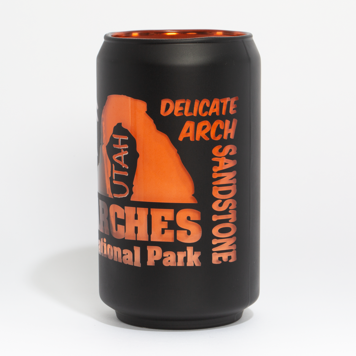 Matte black Arches National Park glass can with Delicate Arch and Balanced Rock in peach print, second view