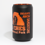 Matte black Arches National Park glass can with Delicate Arch and Balanced Rock in peach print, second view