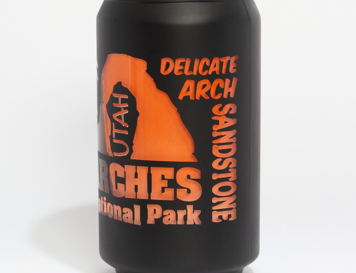 Matte black Arches National Park glass can with Delicate Arch and Balanced Rock in peach print, second view
