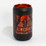 Matte black Arches National Park glass can with Delicate Arch and Balanced Rock in peach print, third view