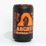 Matte black Arches National Park glass can with Delicate Arch and Balanced Rock in peach print