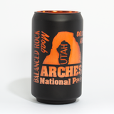 Matte black Arches National Park glass can with Delicate Arch and Balanced Rock in peach print