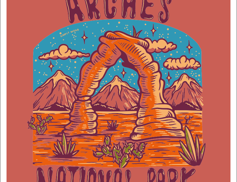 Arches National Park magnet with an orange Delicate Arch under a starry teal sky, pink mountains and cacti