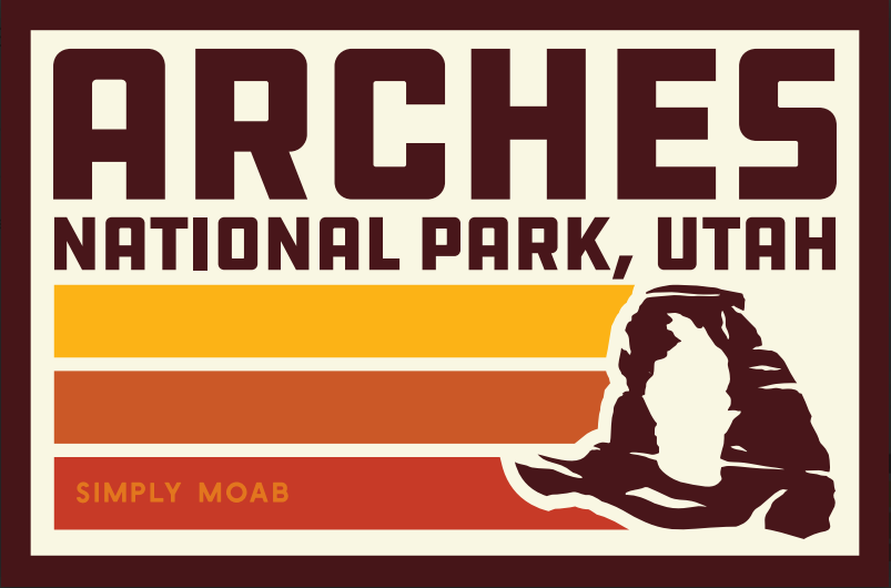 Arches National Park magnet with bold cream lettering, retro stripes and a Delicate Arch silhouette