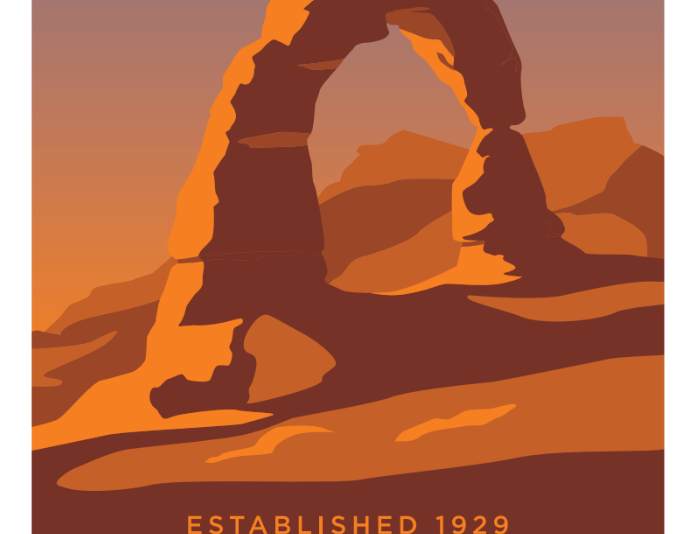 Arches National Park magnet in vintage poster style with Delicate Arch under a purple and orange sky