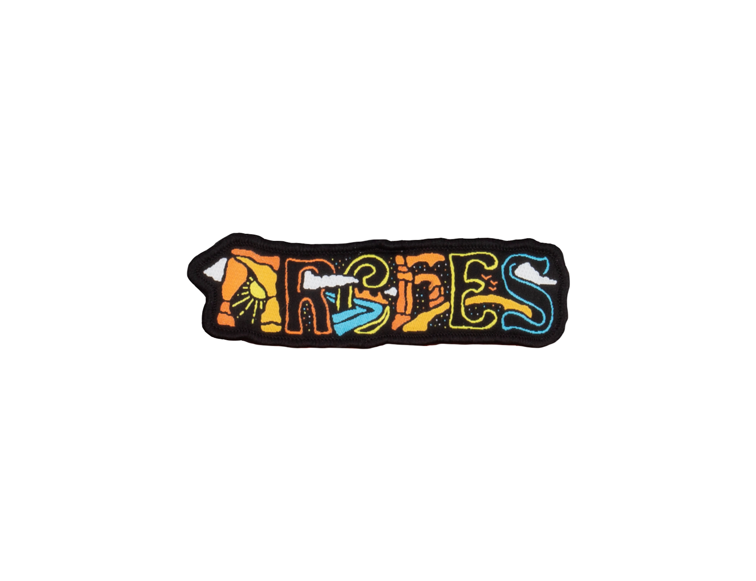 Arches nameplate patch, ARCHES embroidered in tall block letters with a desert scene inside each letter in teal, orange and cream, with a black merrowed border.