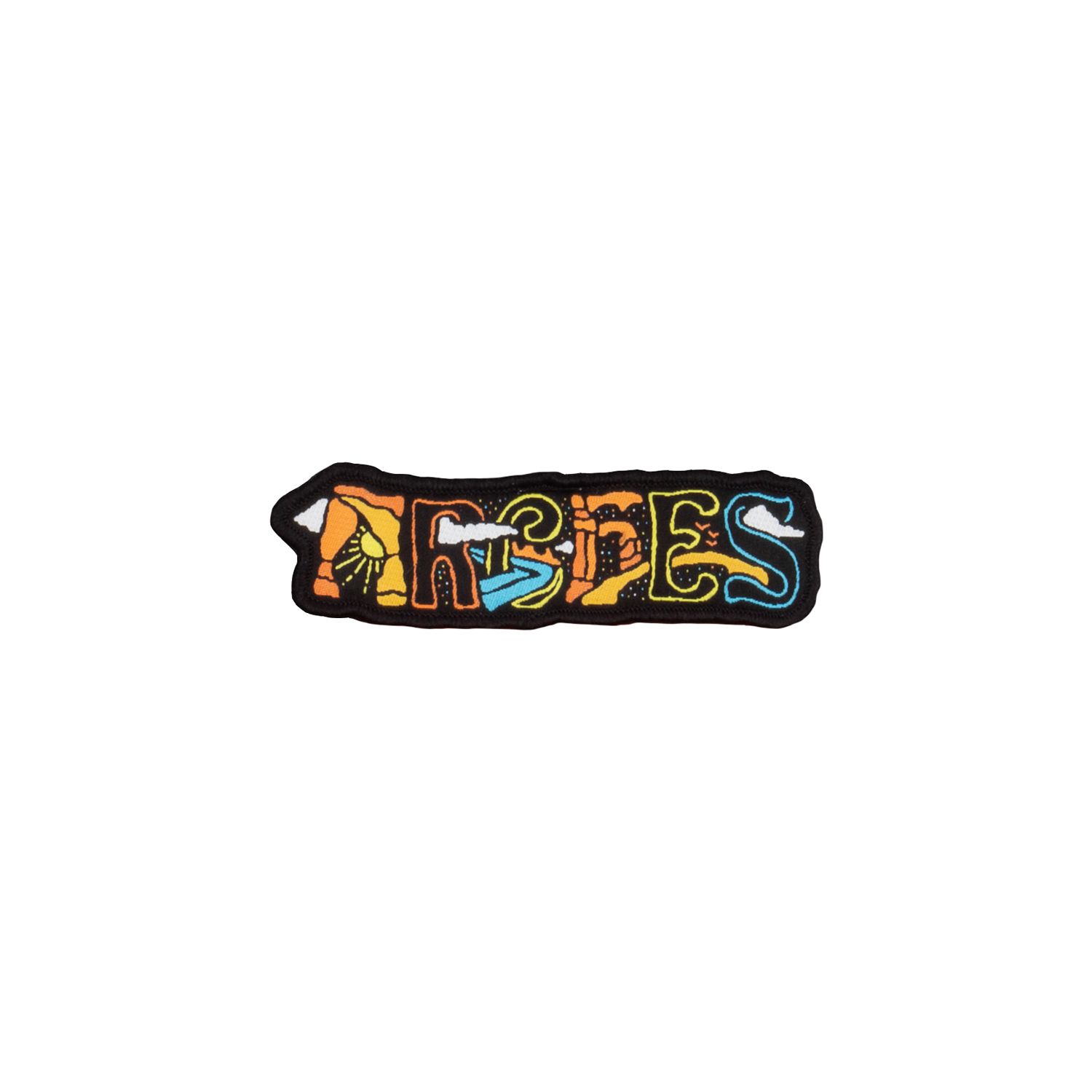 Arches nameplate patch, ARCHES embroidered in tall block letters with a desert scene inside each letter in teal, orange and cream, with a black merrowed border.