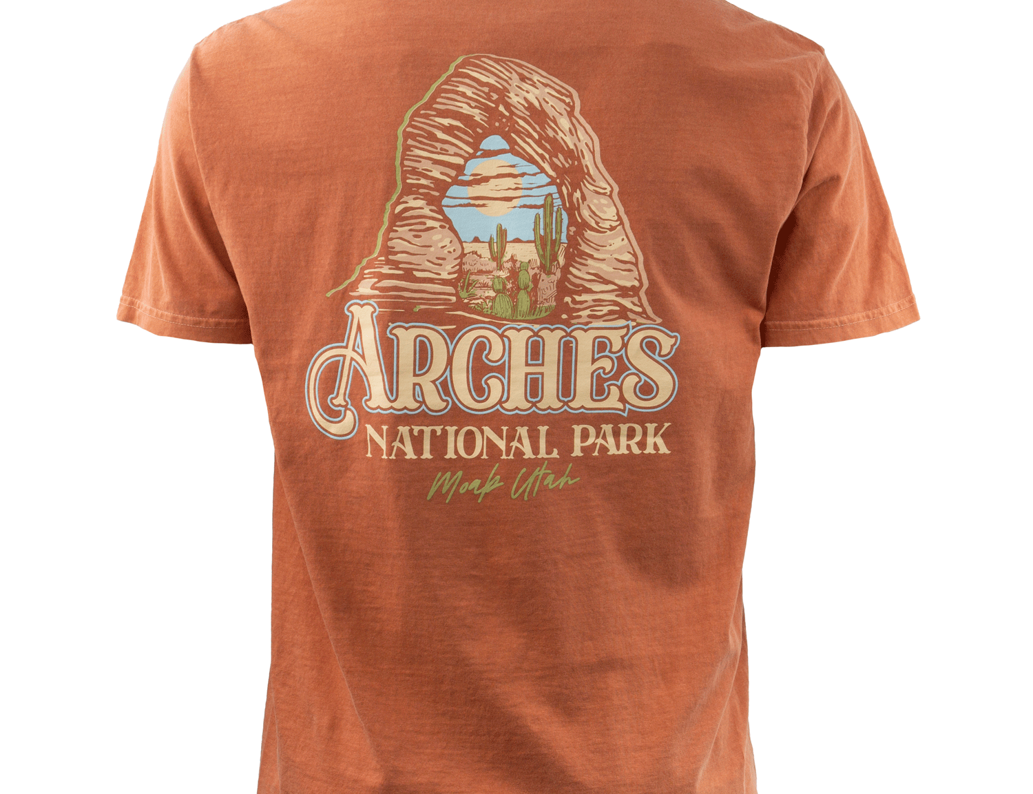 Arches National Park t shirt in yam with a vintage arch framing a desert scene, second view
