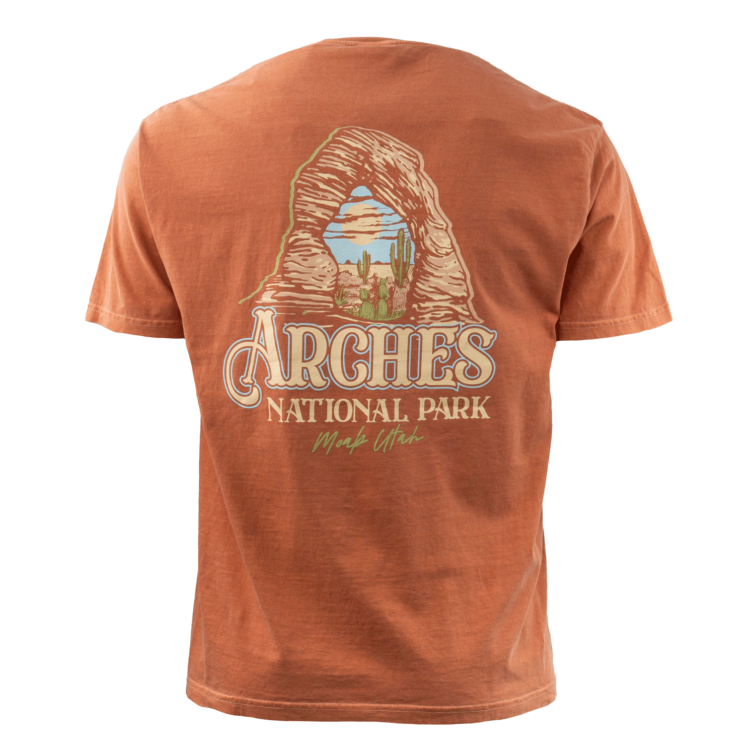Arches National Park t shirt in yam with a vintage arch framing a desert scene, second view