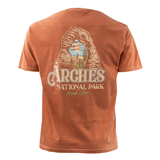 Arches National Park t shirt in yam with a vintage arch framing a desert scene, second view