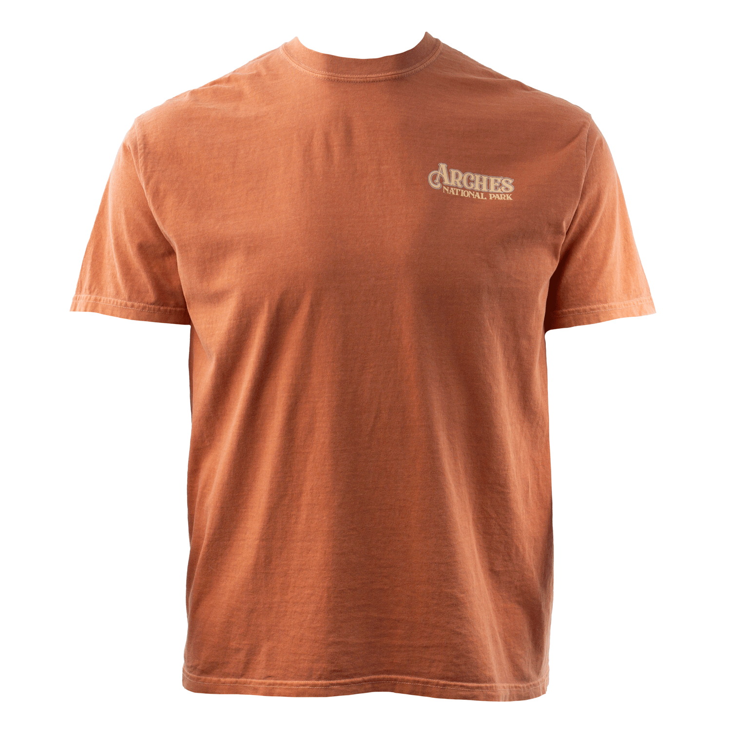 Arches National Park t shirt in yam with a vintage arch framing a desert scene