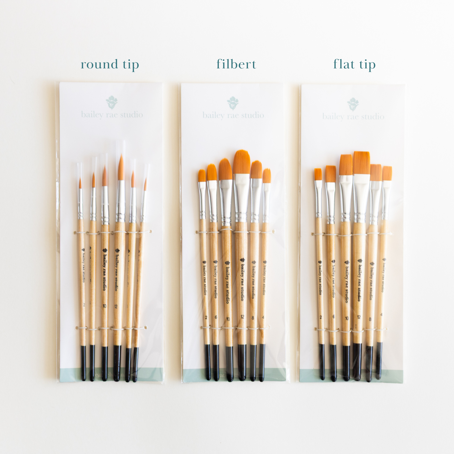 Bailey Rae Studio watercolor brush sets compared: round tip, filbert and flat tip