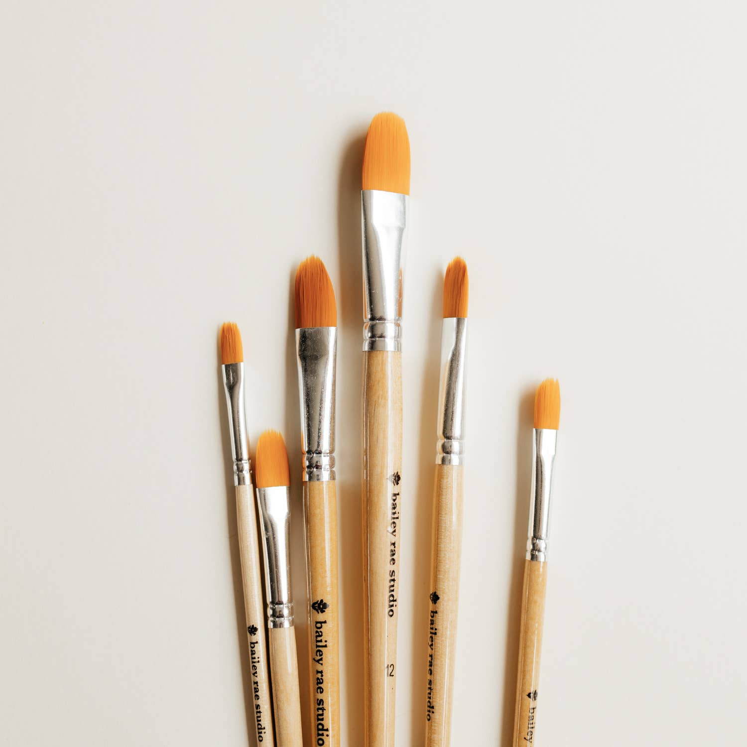 Bailey Rae Studio Filbert Watercolor Brush Set of 6 fanned out showing the rounded flat tips