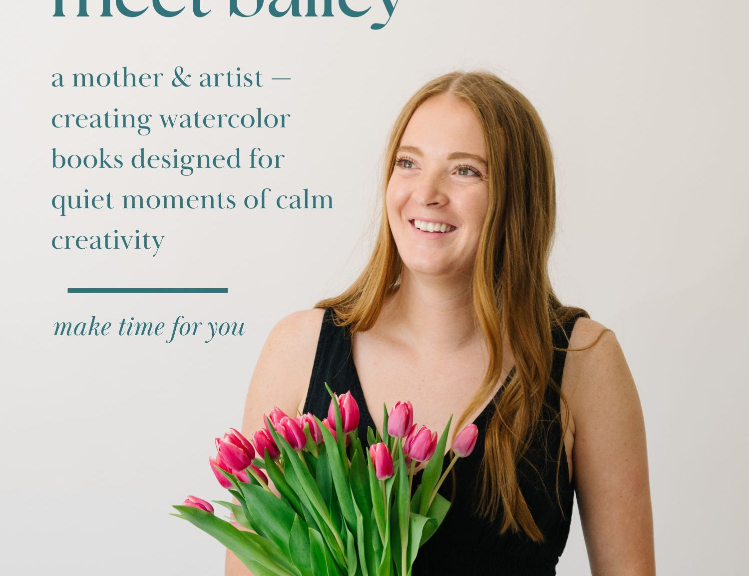 Meet Bailey, the mother and artist behind Bailey Rae Studio, holding a bouquet of pink tulips