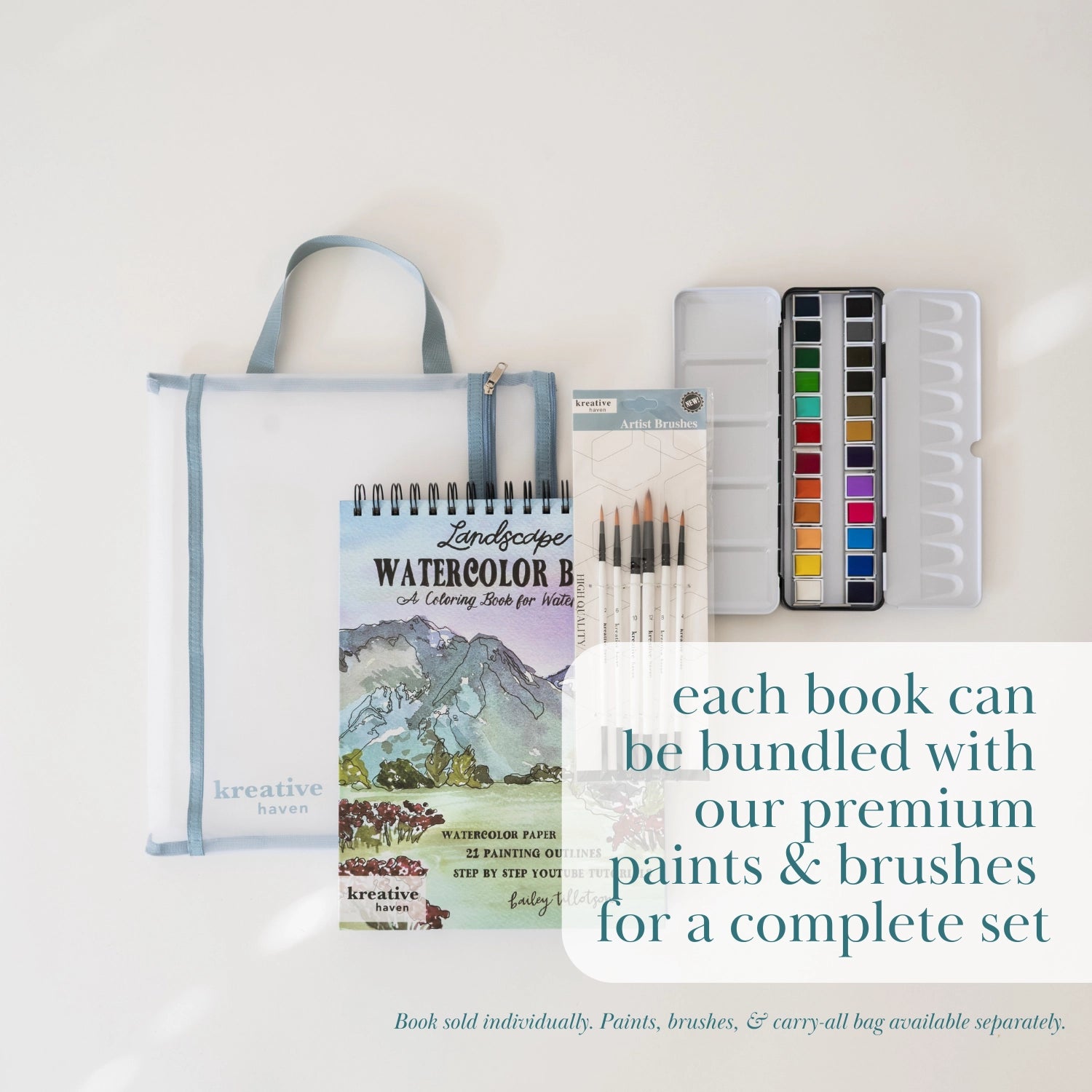 Bailey Rae Studio Landscape Watercoloring Book bundled with a paint palette, brushes and carry bag