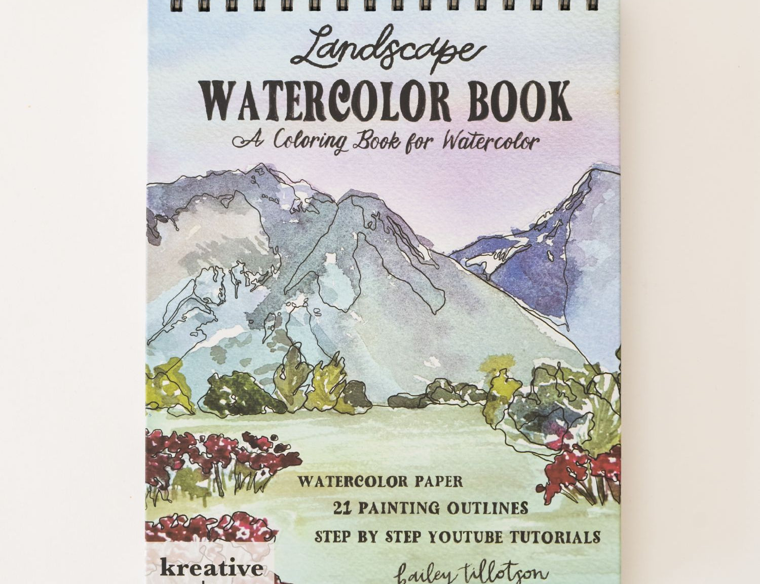Bailey Rae Studio Landscape Watercoloring Book cover with a painted mountain and lake scene