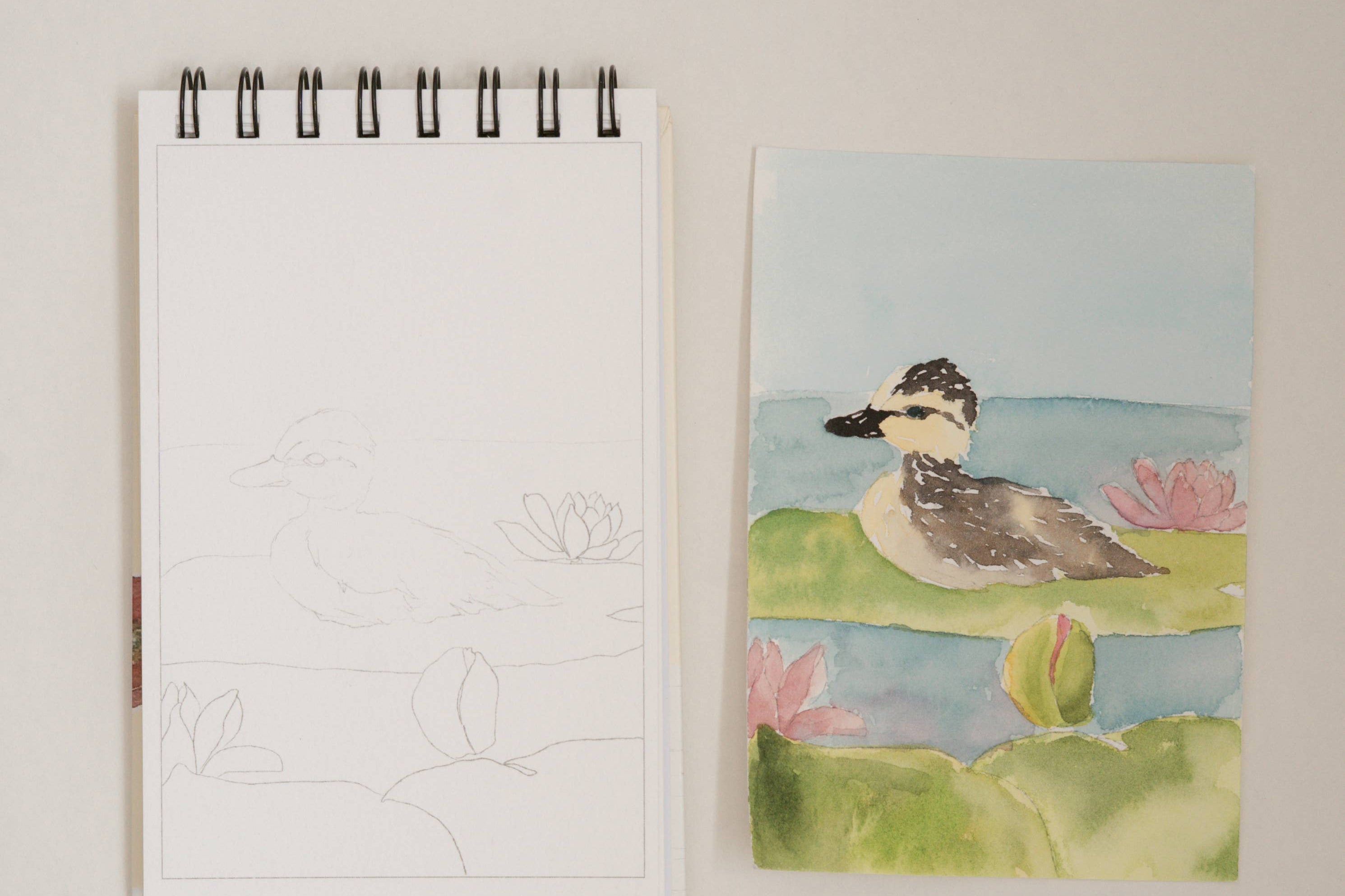 Bailey Rae Studio Mini A Little Bit of Spring Watercoloring Book, bird outline page beside a painted shorebird on a pond