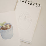 Bailey Rae Studio Mini A Little Bit of Spring Watercoloring Book, seedling pot outline page beside a painted sprouting seedling