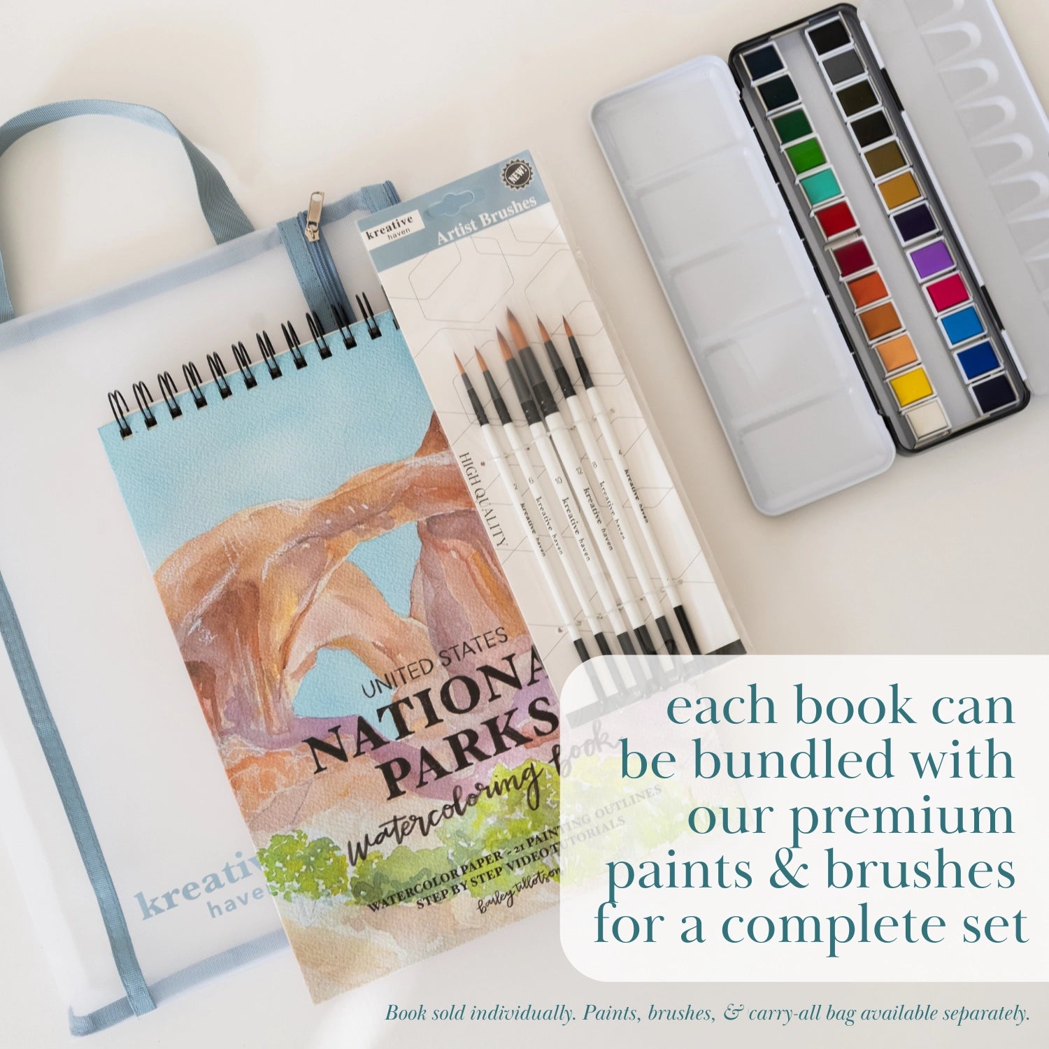 Bailey Rae Studio National Parks Watercoloring Book bundled with a paint palette, brushes and carry bag