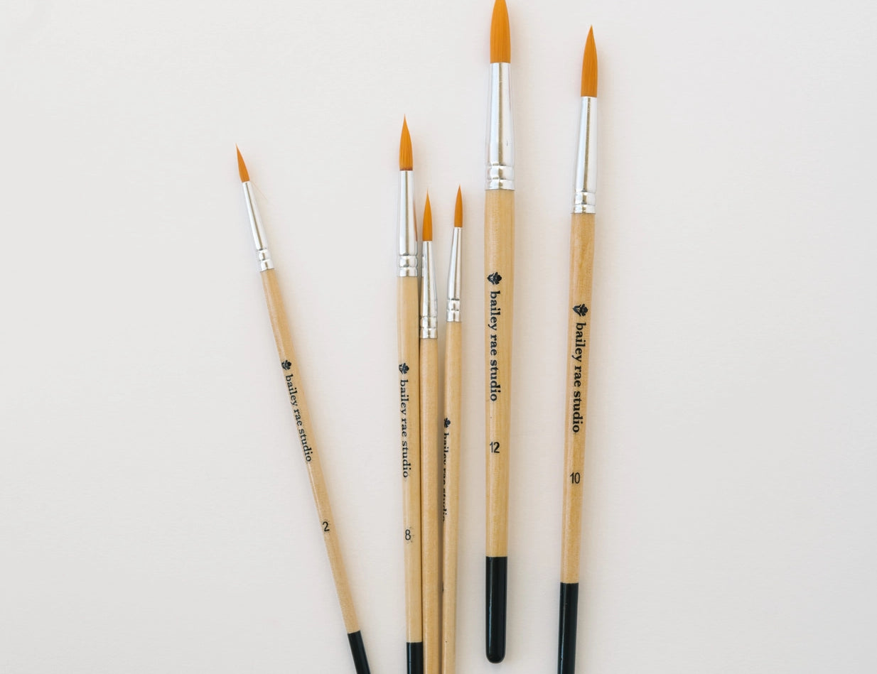 Bailey Rae Studio Round Tip Watercolor Brush Set, six wooden-handled brushes in graduated sizes