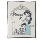 Barefoot Dreams Cozy Disney Princess Blanket in Jasmine, a cream knit blanket with a Jasmine design and navy border