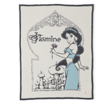 Barefoot Dreams Cozy Disney Princess Blanket in Jasmine, a cream knit blanket with a Jasmine design and navy border