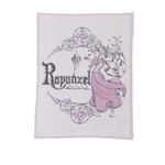 Barefoot Dreams Cozy Disney Princess Blanket in Rapunzel, a lavender knit blanket with a Rapunzel design