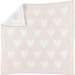 Barefoot Dreams CozyChic Dream Receiving Blanket in Hearts, a pale pink knit blanket with white hearts