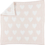 Barefoot Dreams CozyChic Dream Receiving Blanket in Hearts, a pale pink knit blanket with white hearts