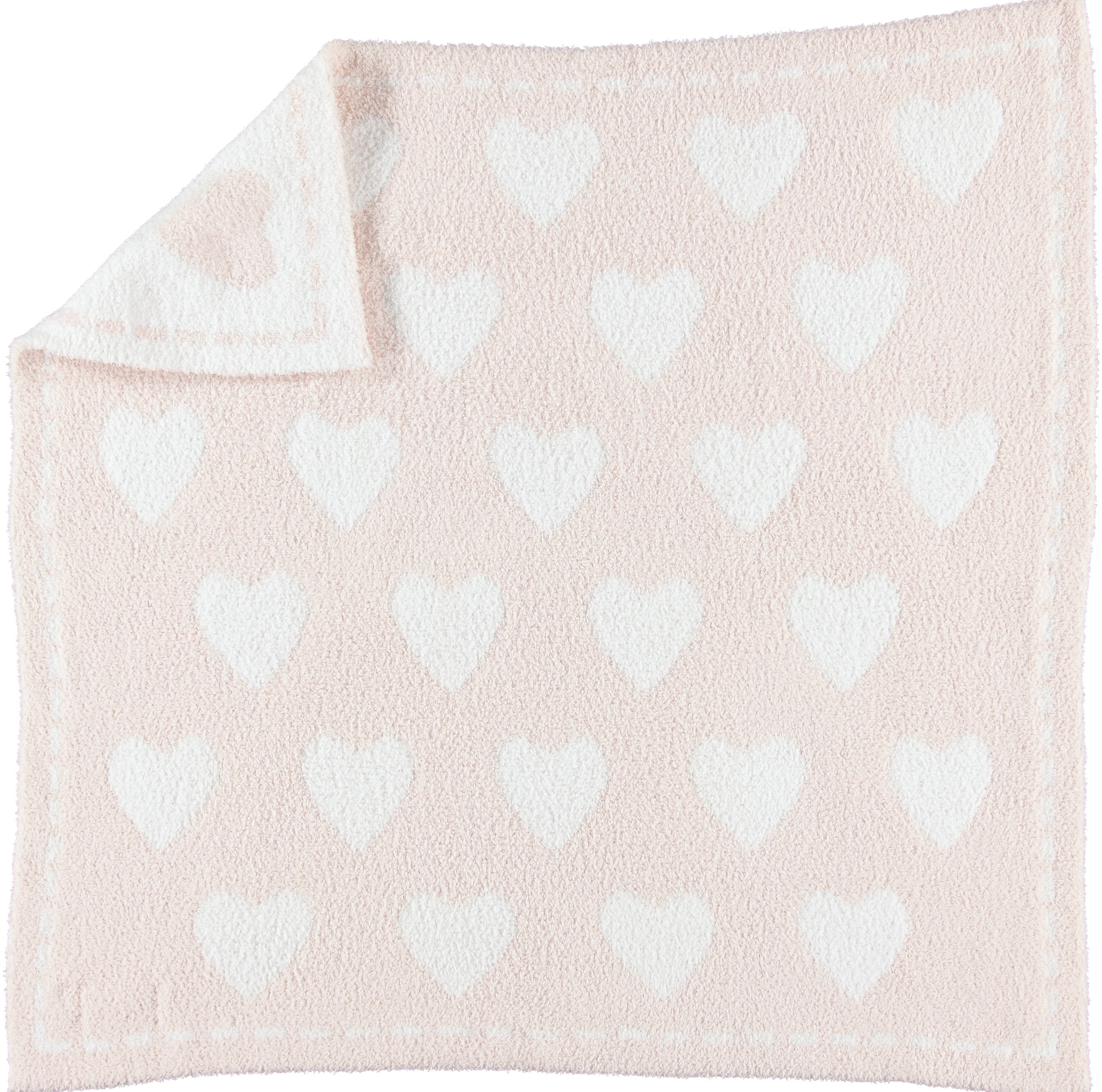 Barefoot Dreams CozyChic Dream Receiving Blanket in Hearts, a pale pink knit blanket with white hearts