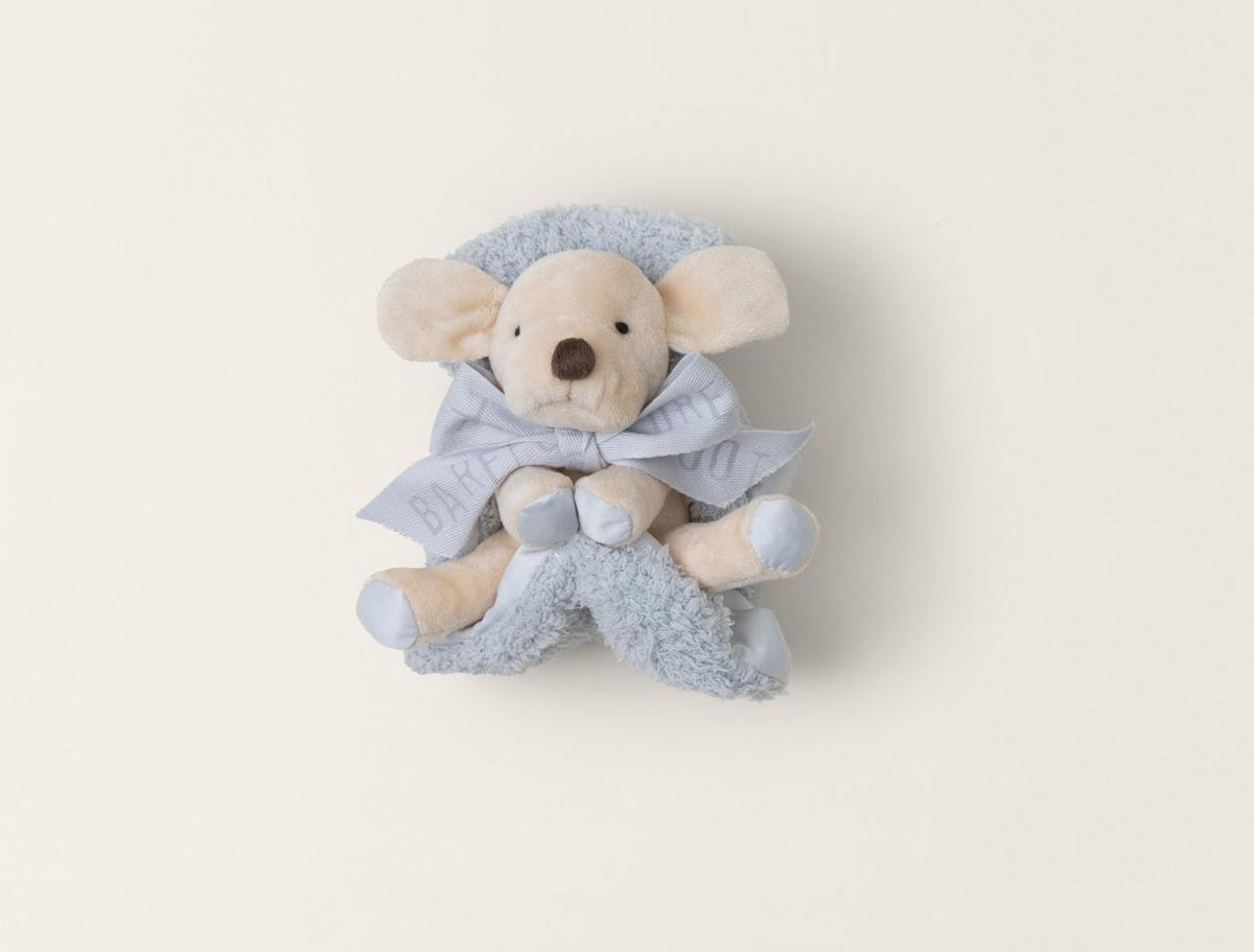 Barefoot Dreams Disney Blanket Buddie in Blue Puppy, close-up of the plush puppy face