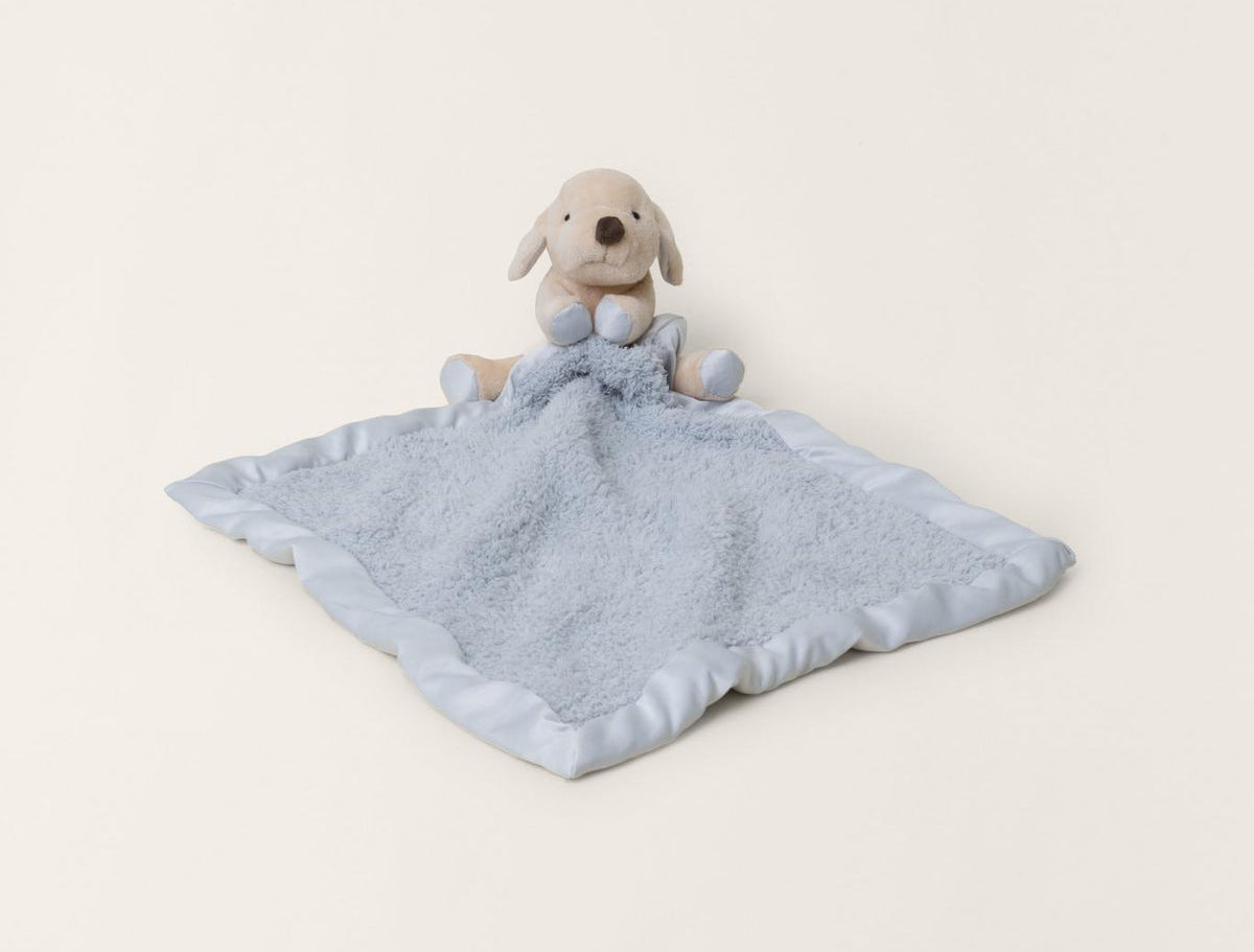 Barefoot Dreams Disney Blanket Buddie in Blue Puppy, a plush puppy on a soft blue lovey blanket