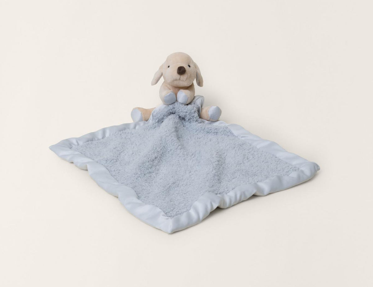 Barefoot Dreams Disney Blanket Buddie in Blue Puppy, a plush puppy on a soft blue lovey blanket