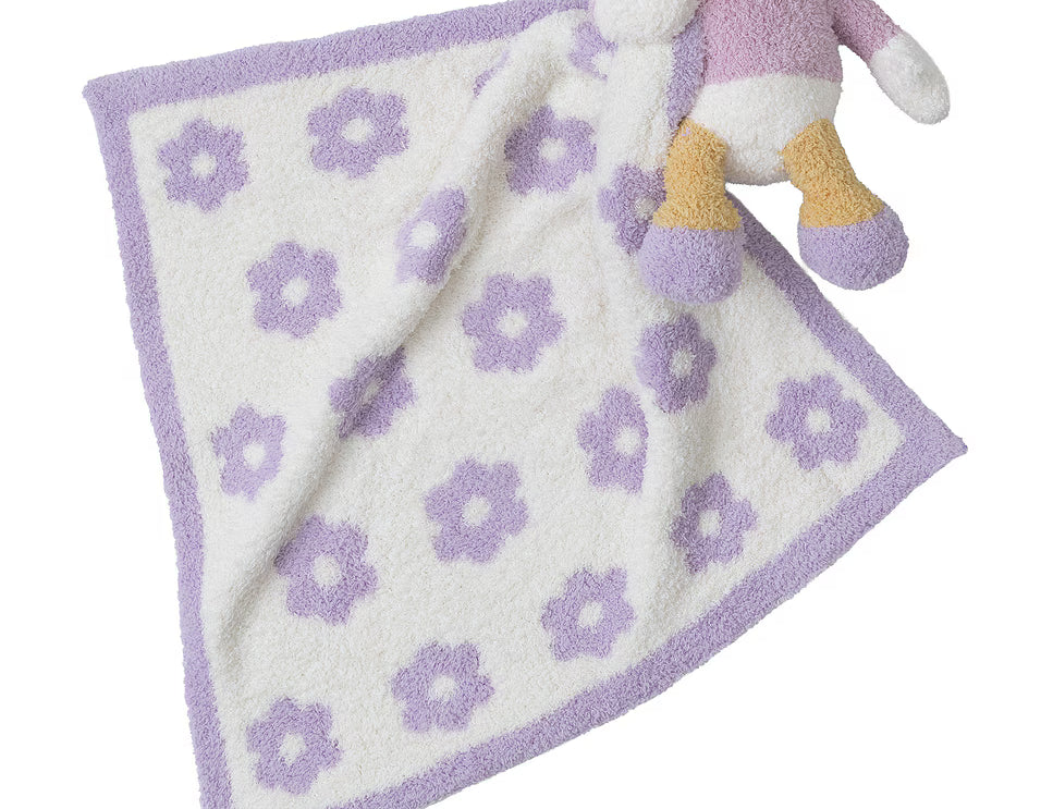 Barefoot Dreams Disney Blanket Buddie in Daisy Duck, plush Daisy on a purple daisy-print lovey blanket