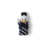 Barefoot Dreams Disney Blanket Buddie in Donald Duck rolled in a navy striped blanket, front view