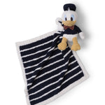 Barefoot Dreams Disney Blanket Buddie in Donald Duck, plush Donald on a navy and white striped lovey blanket