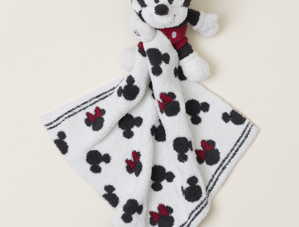 Barefoot Dreams Disney Blanket Buddie in Mickey Mouse, a knit Mickey plush on a Mickey-print lovey blanket