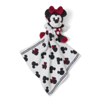 Barefoot Dreams Disney Blanket Buddie in Minnie Mouse, a knit Minnie plush on a Mickey-print lovey blanket