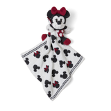 Barefoot Dreams Disney Blanket Buddie in Minnie Mouse, a knit Minnie plush on a Mickey-print lovey blanket
