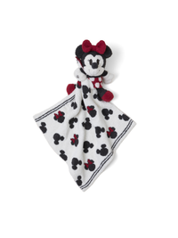 Barefoot Dreams Disney Blanket Buddie in Minnie Mouse, a knit Minnie plush on a Mickey-print lovey blanket