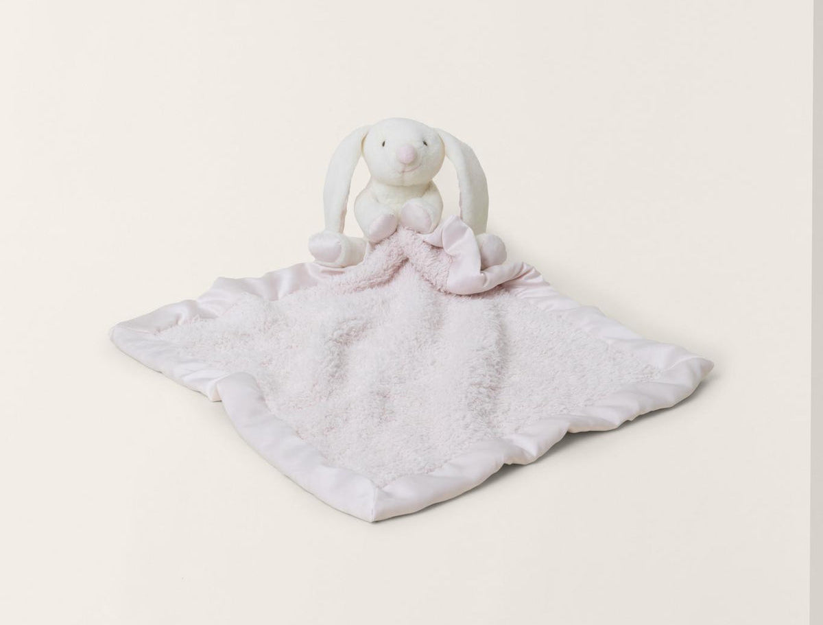 Barefoot Dreams Disney Blanket Buddie in Pink Bunny, a plush bunny on a soft pink lovey blanket