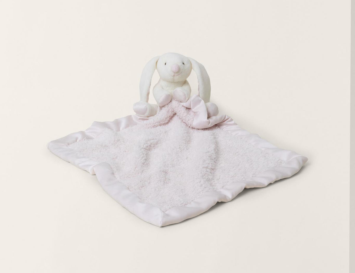 Barefoot Dreams Disney Blanket Buddie in Pink Bunny, a plush bunny on a soft pink lovey blanket