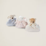 Barefoot Dreams Disney Blanket Buddies in Blue Puppy, Pink Bunny and tan bear folded side by side